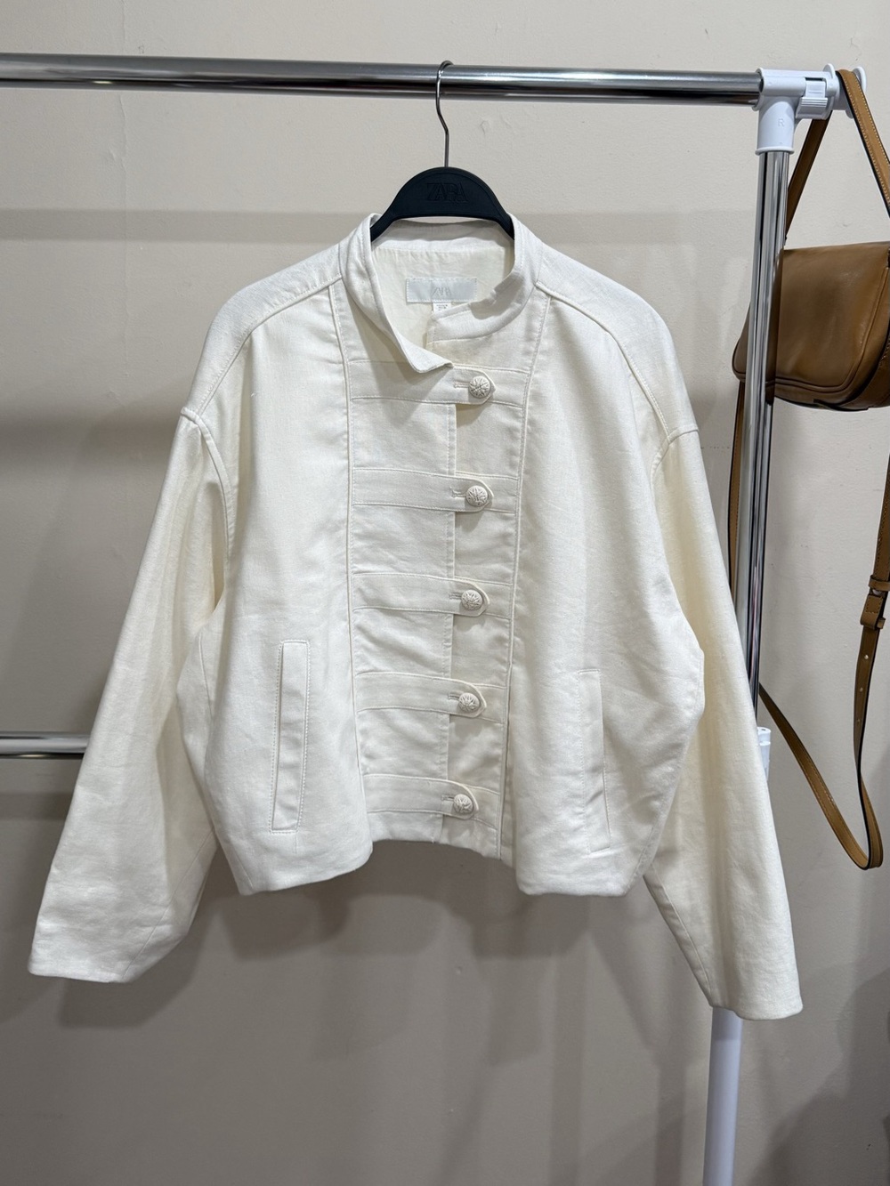 ZARA Ivory Linen Blend Cropped Jacket Statement Buttons Size M